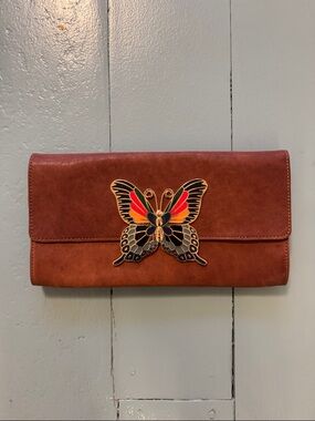 Leather Brown Butterfly Accent Clutch Wallet